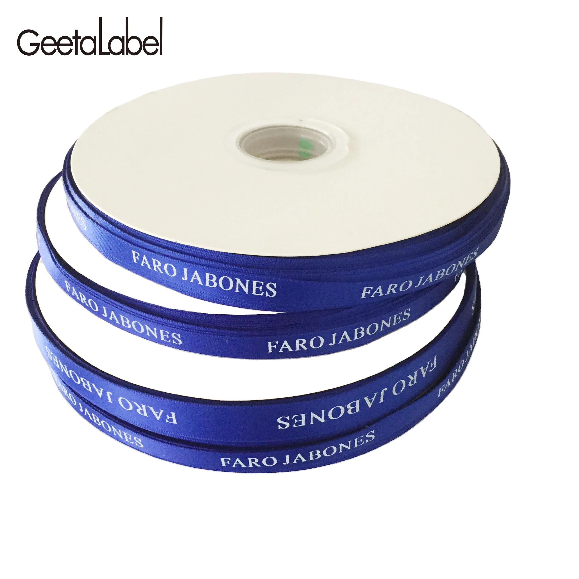 High Quality Printed Brand Name Logo Blue Ribbons Roll Satin Ribbon For Decoration Gift Packaging
