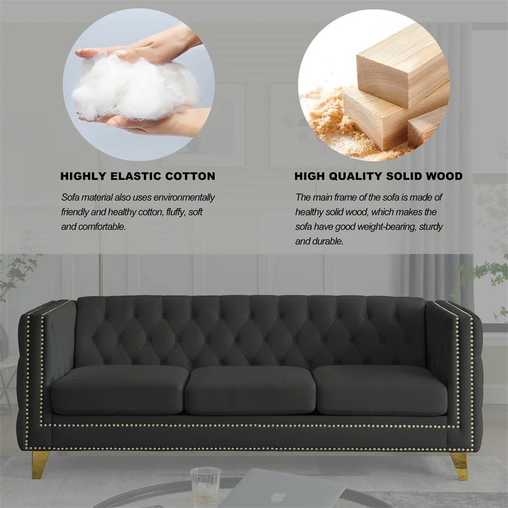 Traditional Retro Oversized 3 Deep Seat Chesterfield Sofa Black Velvet Upholstered Futon Tufted Couches with Button Nailhead
