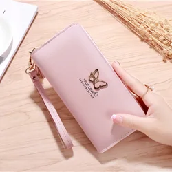 Pink PU Leather Trend Exquisite Butterfly Pattern Wallet Handle Long Money Pouch Card Holders Purse carteras para la playa