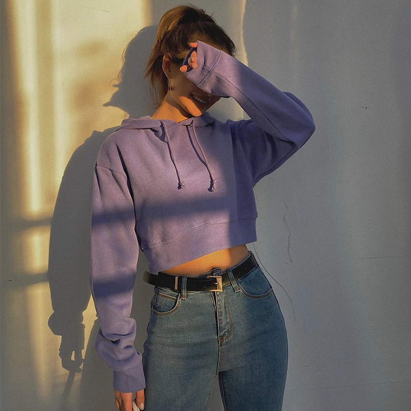 Fashion Customized Street Style Women Long Sleeves Crop Top Gym Hooded Sweater Bamboo Cotton Hoodie Pullover Regular Sleeve