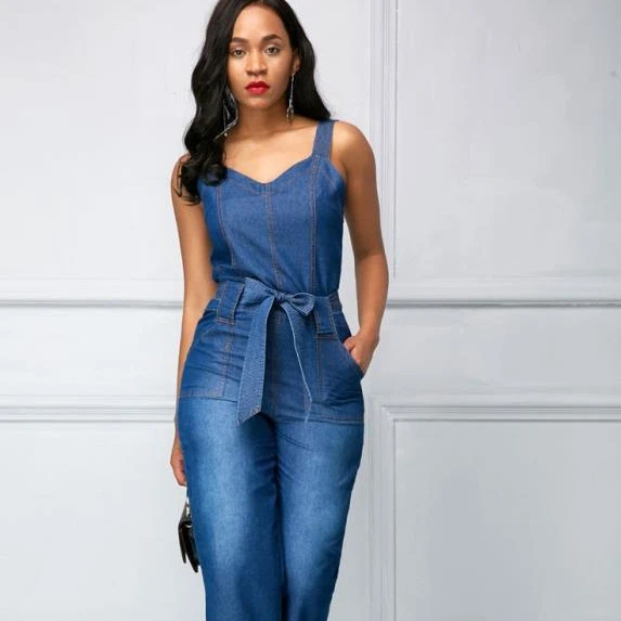 2022 new arrival summer denim sleeveless office jeans one piece jumpsuit off shoulder women dress