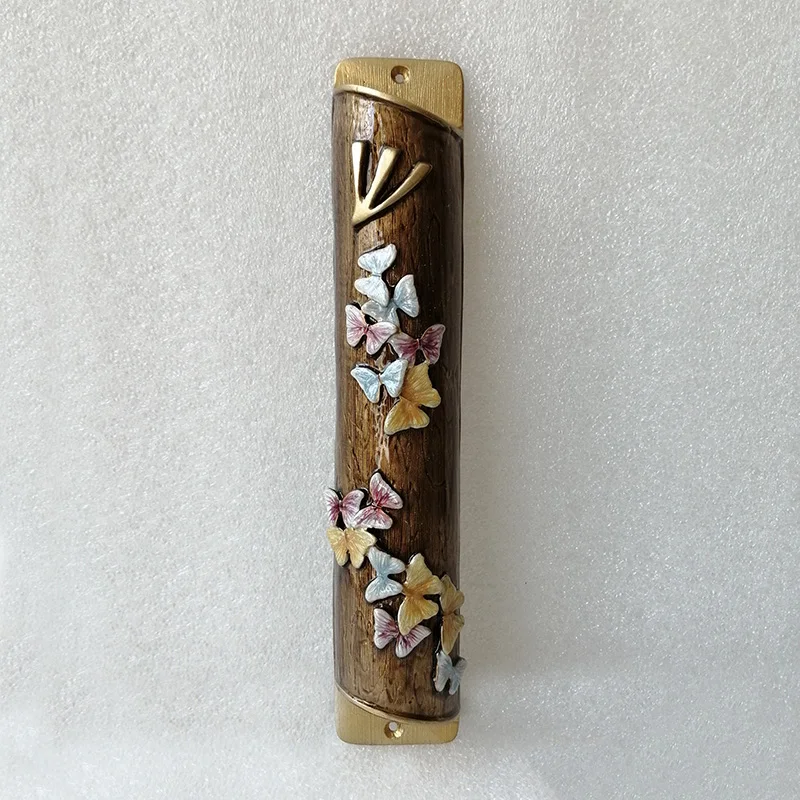 Gold Painted Amber Hand Enameled With Blue Red Yellow Butterflies Decor On Metal Alloy Mezuzah Case Handmade Jewish Gift