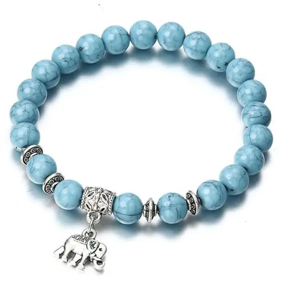 Kiss Boho Vintage Turquoise Blue Beads Elephant Owl Bird Heart Cross High-heeled Shoes Dangle Charm Stretch Beaded Bracelet Sets