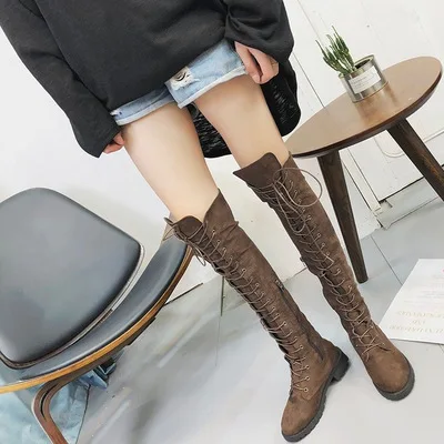 B22980A Europe fashion Plus size Cross lace-up thigh boots shoes Side zipper boots