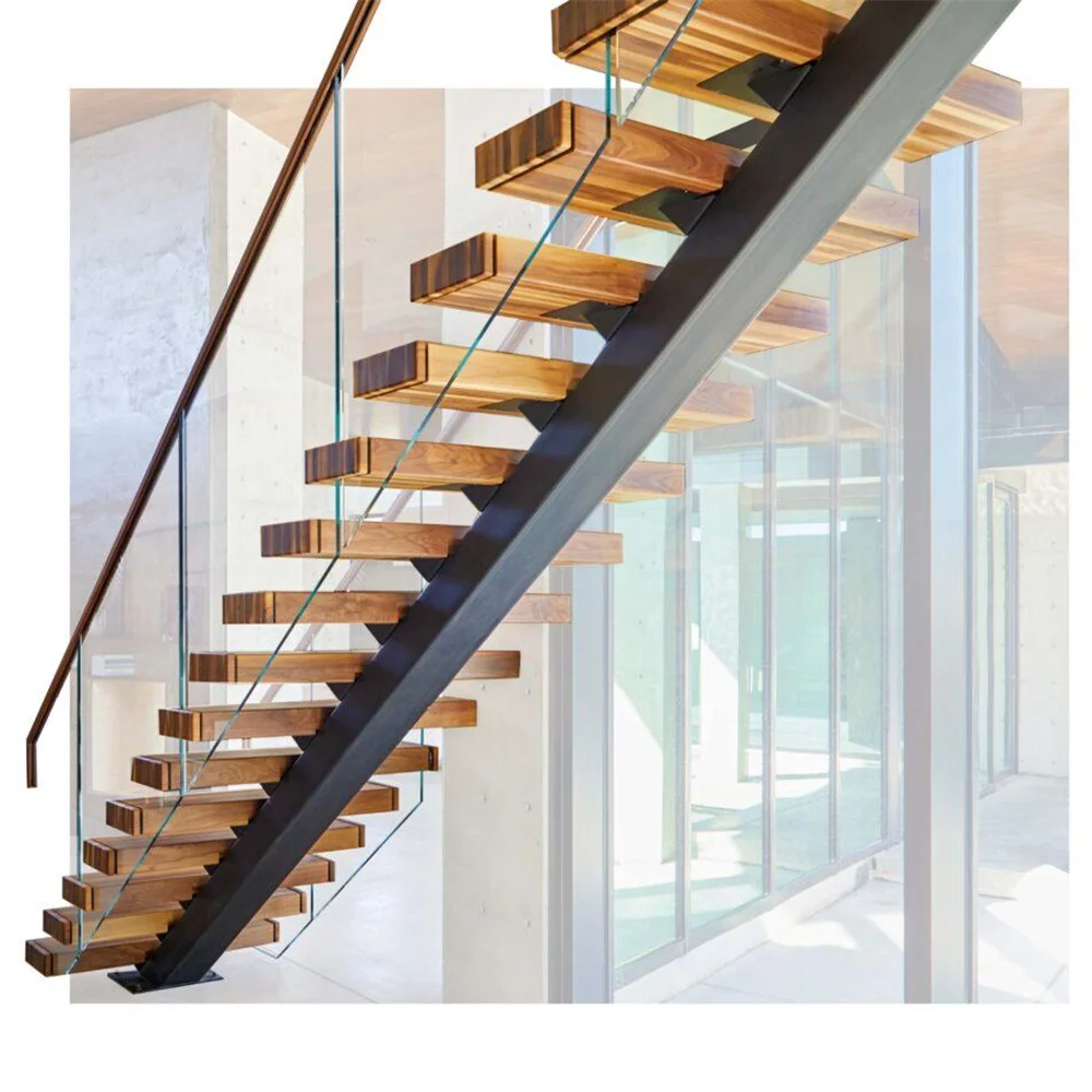 CBMmart Modern Style U Shape Walnut Solid Wood Stair Treads Steel Beam Support Interior LED Lights Stairs