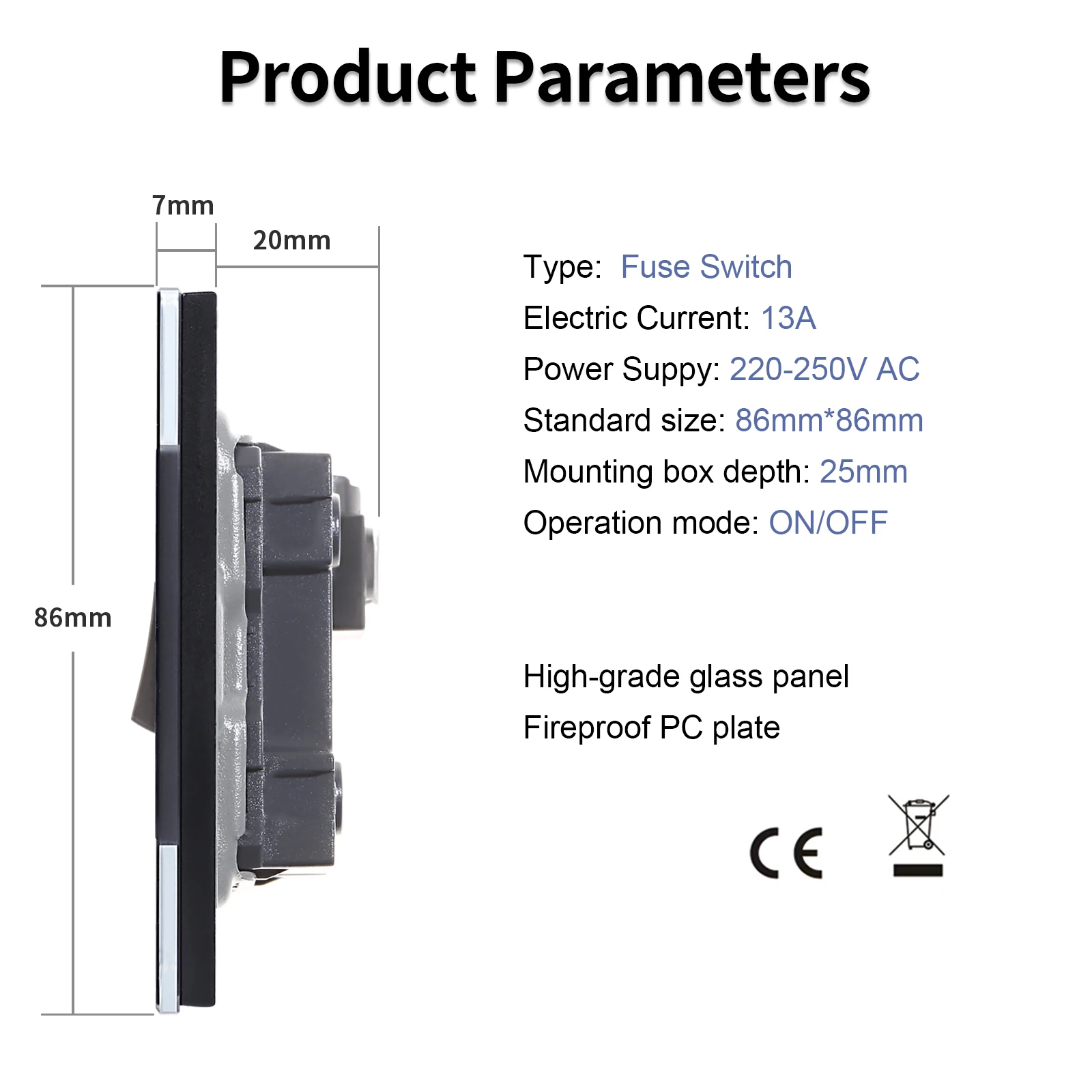 Bingoelec Modern Standard  European Tempered Glass Wall Socket Electric Fuse Switches