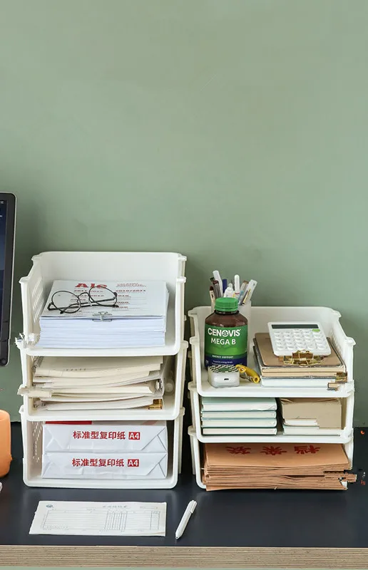 Office Desktop File Box Multi Function Storage Rack Stackable Multi-layers Plastic File Shelves