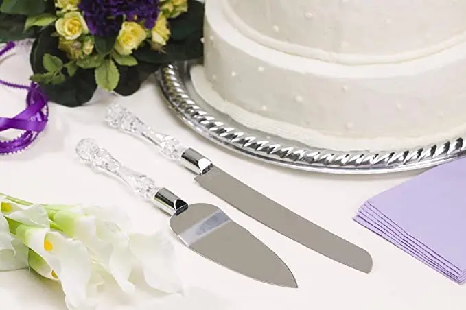 2 piece Gift pack stainless steel cake serving utensils crystal handle wedding knife server set for birthday and parties