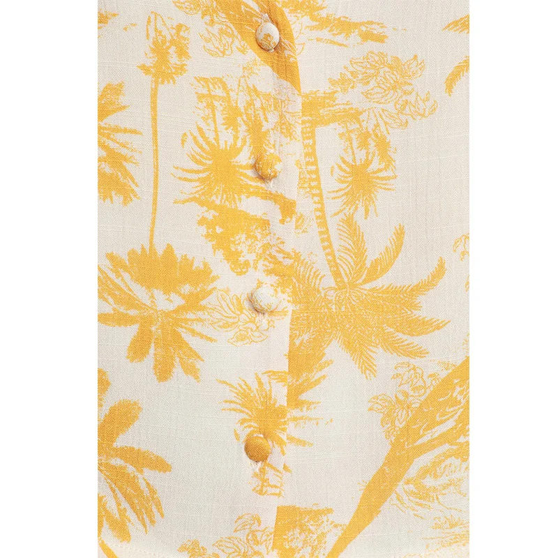 
Summer beach style, yellow coconut tree print V-neck blouse with short sleeves and buttons 