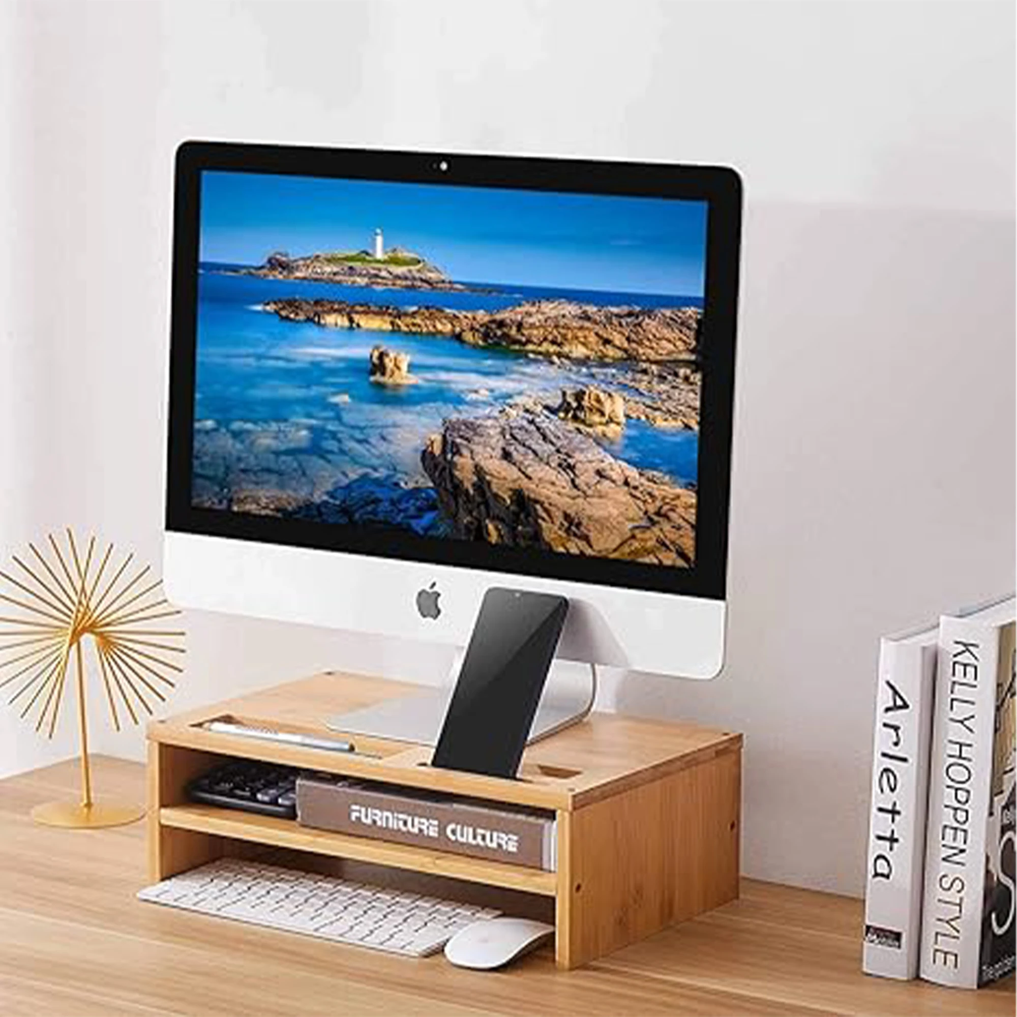 2024 Sell-hot Stand Desktop Shelf Organizer Keyboard Storage Bamboo Computer Monitor Stand