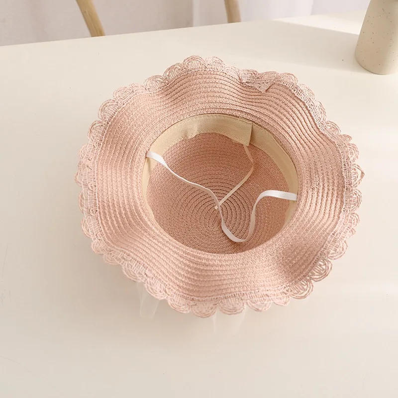 2022 wide brim Summer children new Beach Sun Hat Girl lace pearl Bucket Straw Hat and bag set beautiful outdoor travel hat kids
