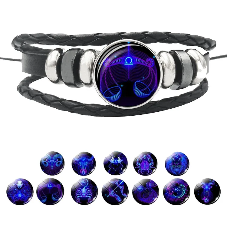 Hand Woven Leather Luminous Bracelet Men Women12 Zodiac Sign Black Bracelets Jewelry