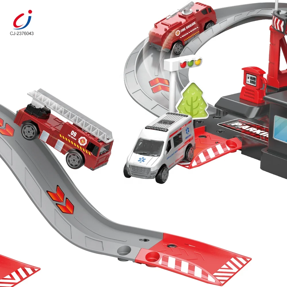 Chengji Safety Diy Assemble Building Blocks Sets Plastic Parking Lot Garage Kids Fire Pumping Toy Fire Station