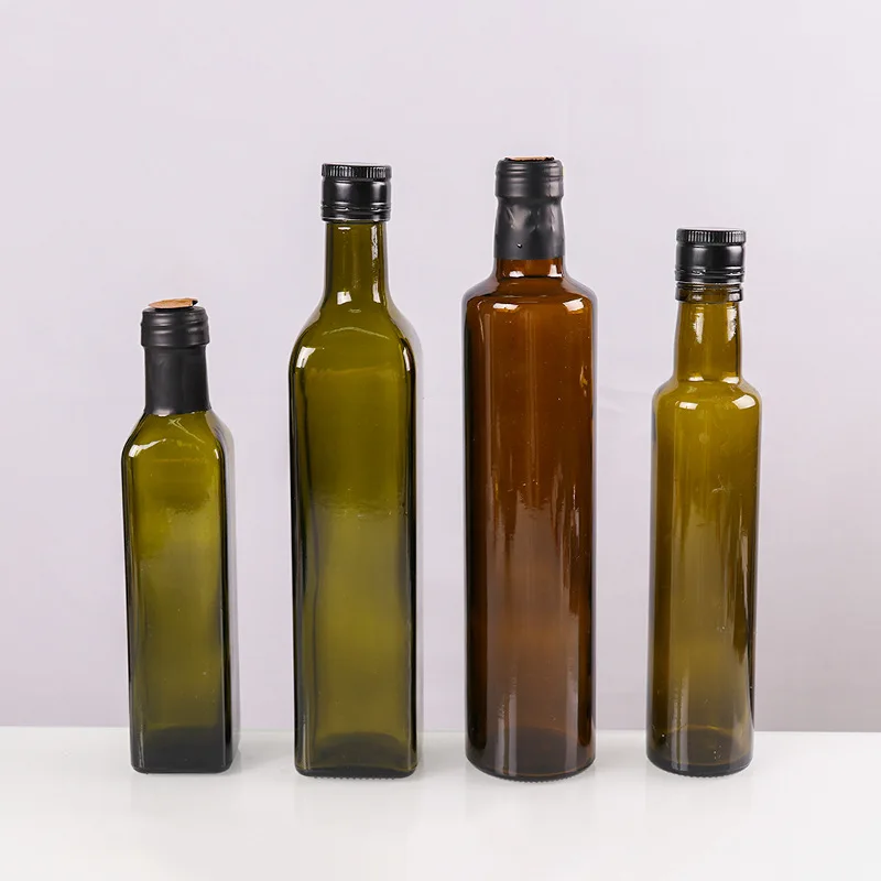 Wholesale In Stock 250ml 500ml 750ml 1000ml Clear Dark Green Square Round Marasca Cooking Olive Oil Glass Bottle with Screw Cap