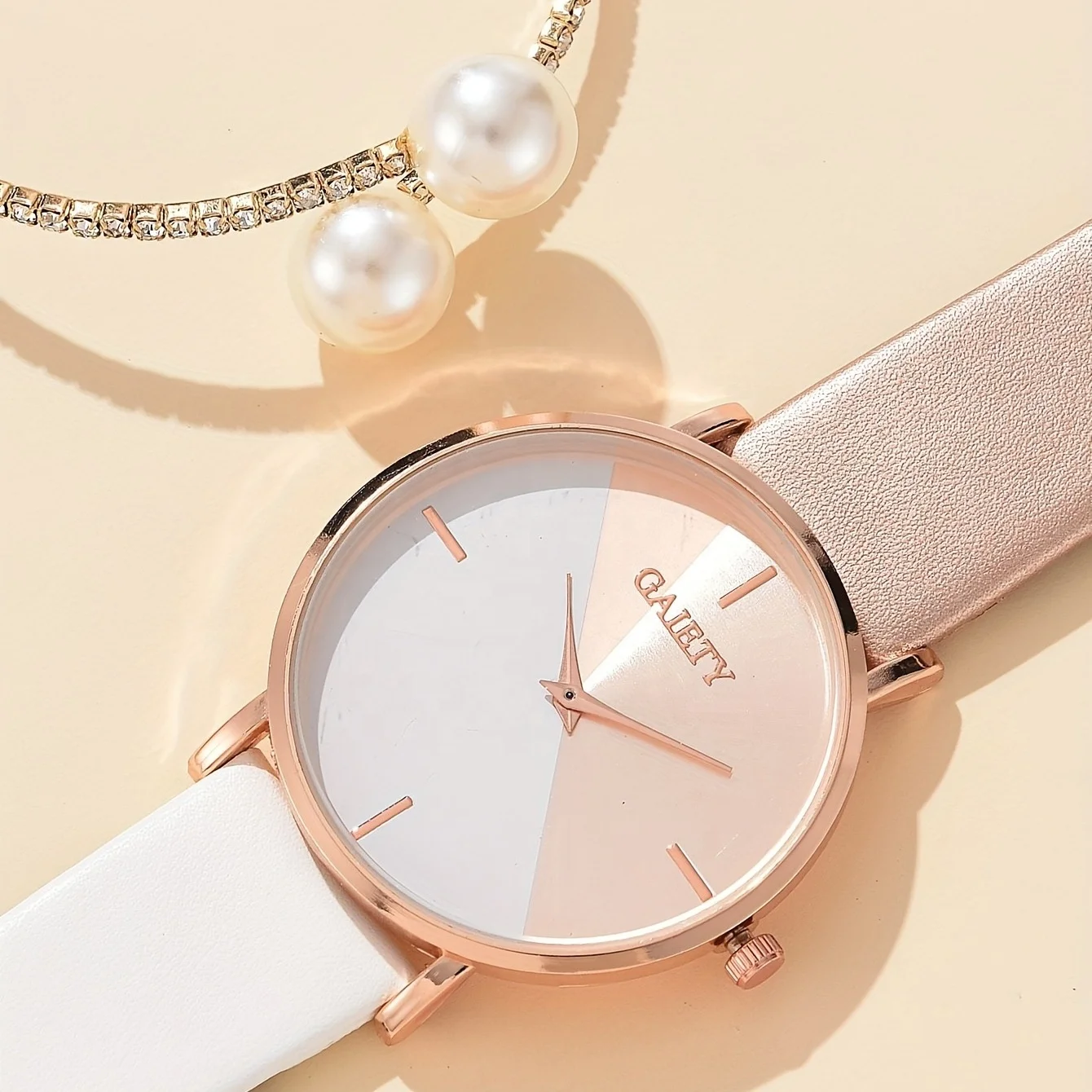 New Arrival 2pcs Set Two-tone Strap Leather Pearl Bracelet Luxury ladies unique wrist Watch with bangle Set For Women Gift