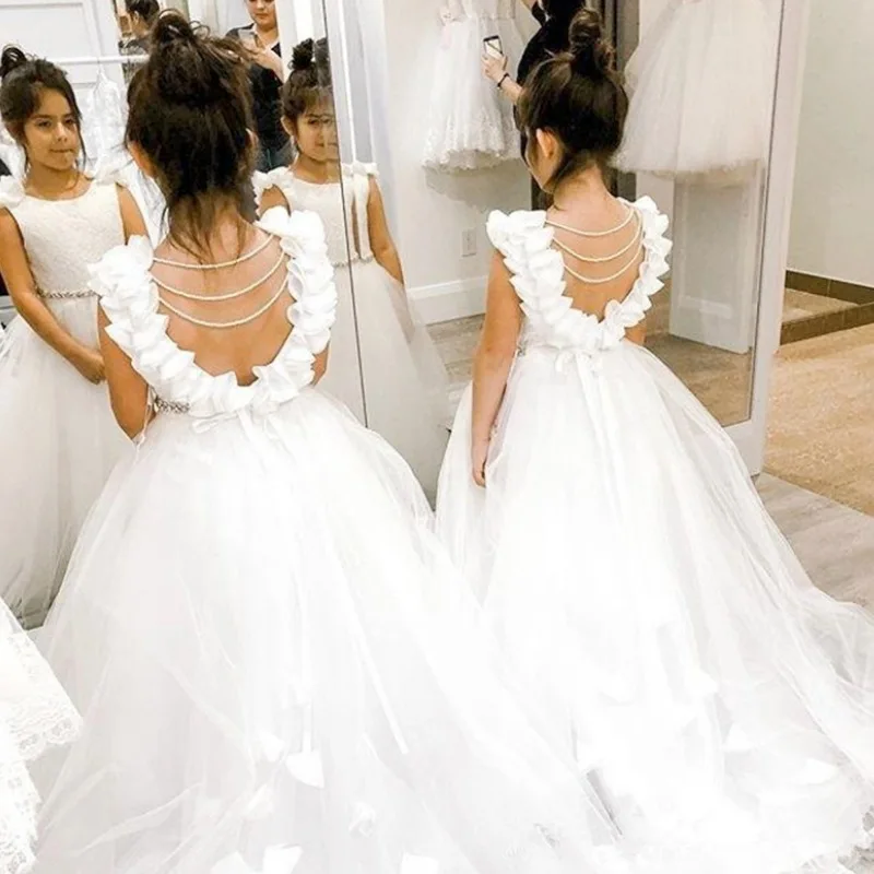 INS Popular Flower Girls White Wedding Dresses Kids Piano Performance Wear Dress Princess Tail Ball Gown Dresses