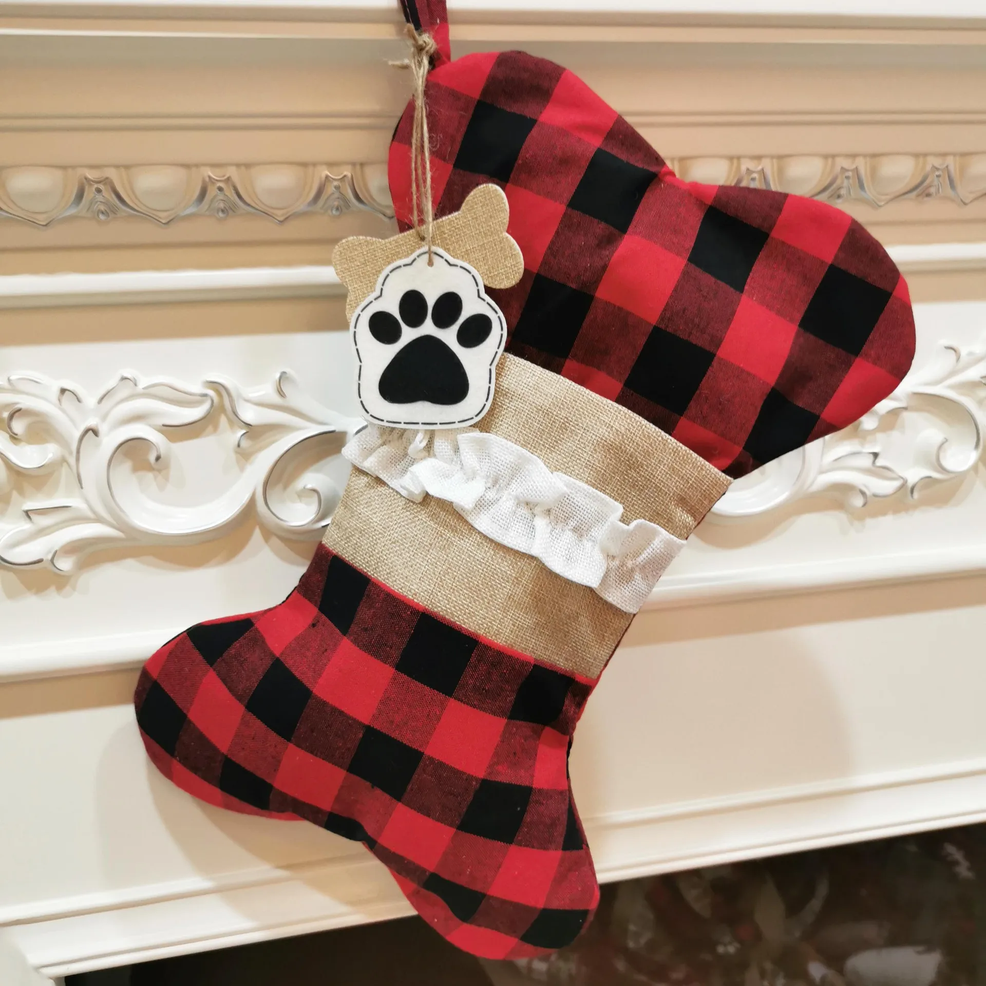 Free Sample Buffalo Plaid Christmas Stockings Large Bone Shape Hanging Pets for Dogs Decorations