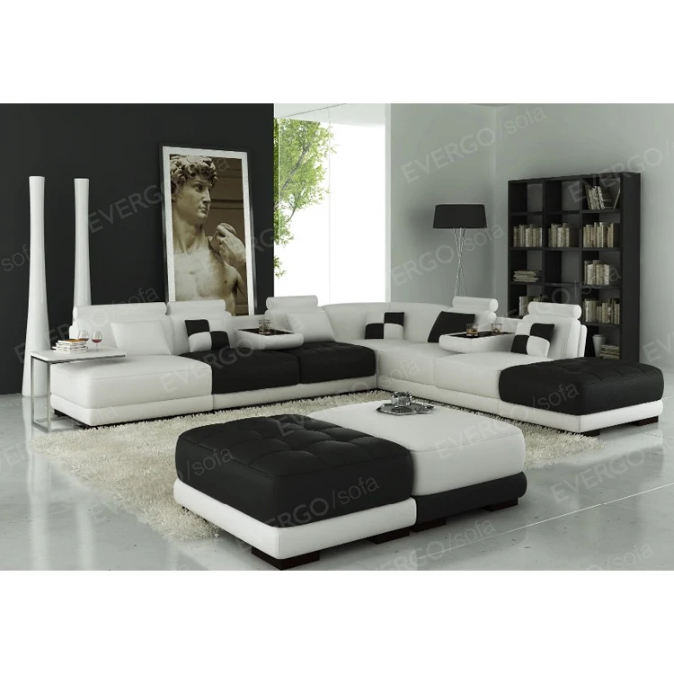 Nordic Living room sofa bed Black and white color leather furniture Italian light luxury sponge sectional sofa set with table