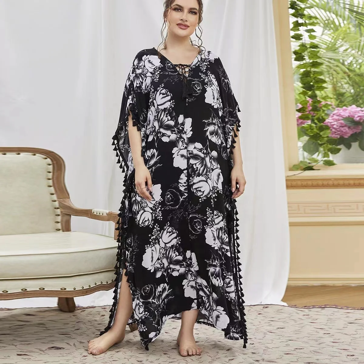 Plus Size Print Fashion Muslim Nightgown Casual Arabic Islamic clothing 4XL Soft Women Sleepwear Robe