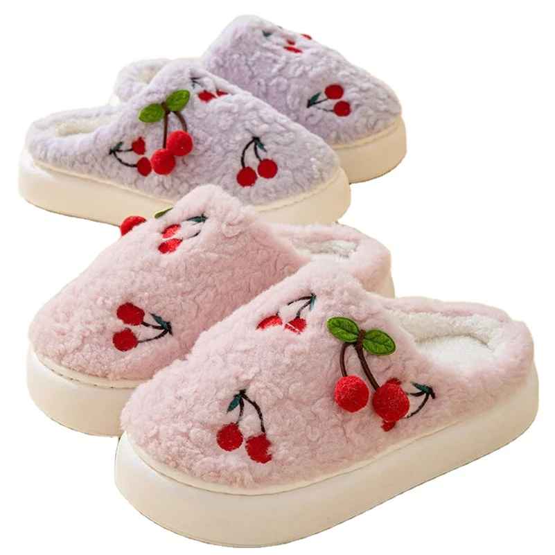 3D cherry girl winter cotton slippers home indoor thick warm plush slides women comfortable sandals non-slip