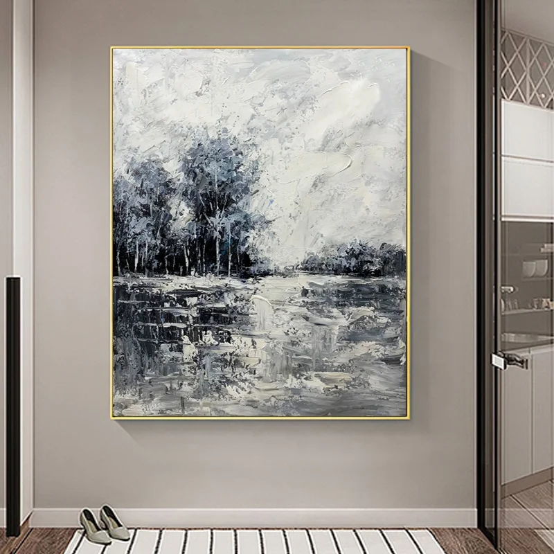 100% Handpainted High Quality Black and White Modern Landscape Canvas Painting for Home Decoration