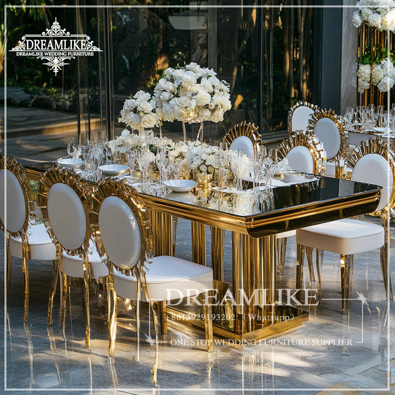 Gold Stainless Steel Mirror Glass Wedding Table with Modern Art Design Wedding Dining Table Hotel