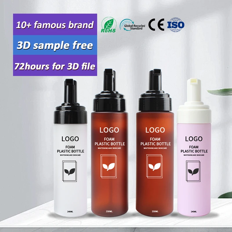Empty 240ml 250ml frosted foaming soap pump bottle printed pet foam pump bottle amber plastic bottle
