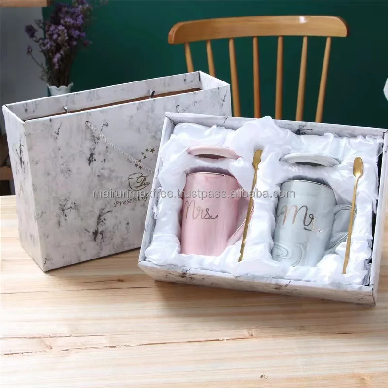 2024 Unique Promotional Product Marble Mug Printed Porcelain Design Ceramic MR MRS Coffee Couple Gift Cup Set For Wedding Gifts