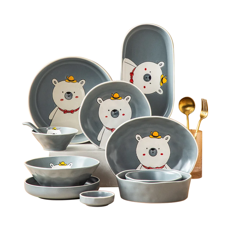 White Bear Cute Cartoon 8 Inch Noodle Bowls Dinner Set For Children Tableware  Ceramic Soup Bowl