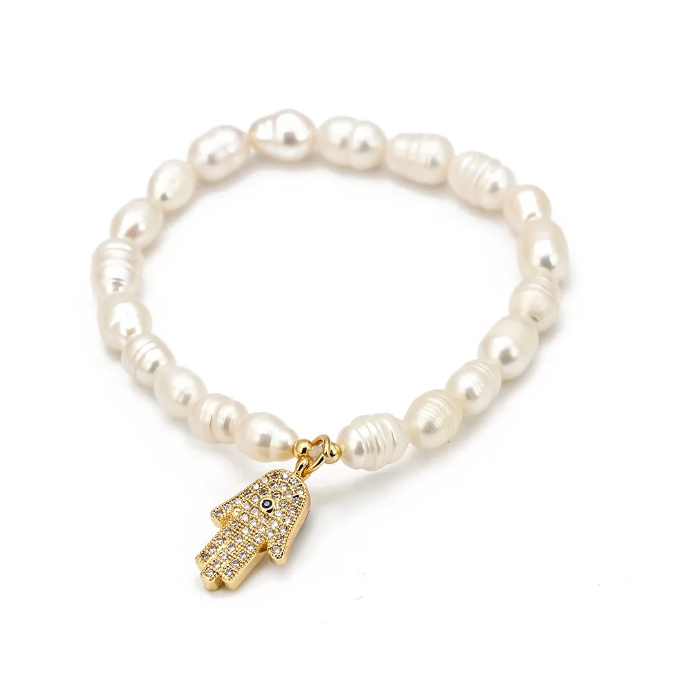  Baroque Freshwater Pearl Beads Bracelet Gold Plating Full Zirconia Hand