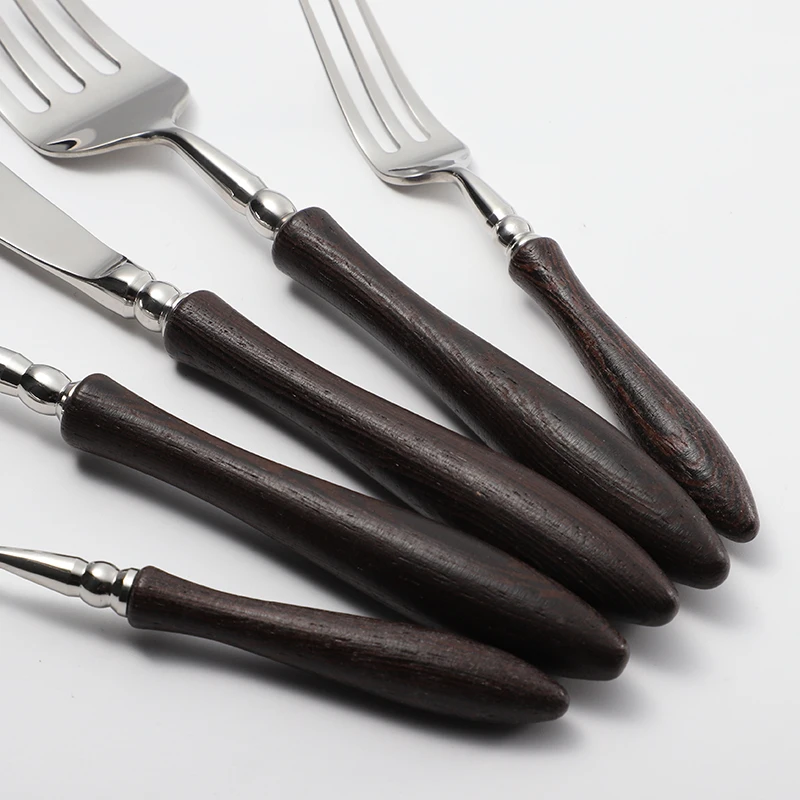 304 Stainless Steel Wooden Spoon Knife And Fork Reusable Wood Flatware Silver Cutlery Set