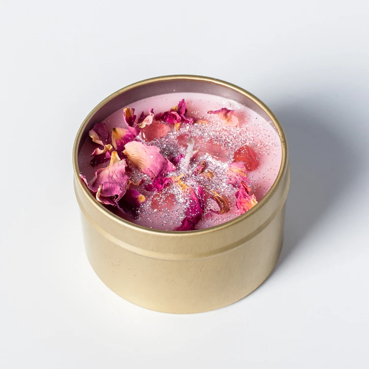 lidded handmade tin custom wholesale gifts fragrance soy wax luxury scented candle withdried flower and healing crystal