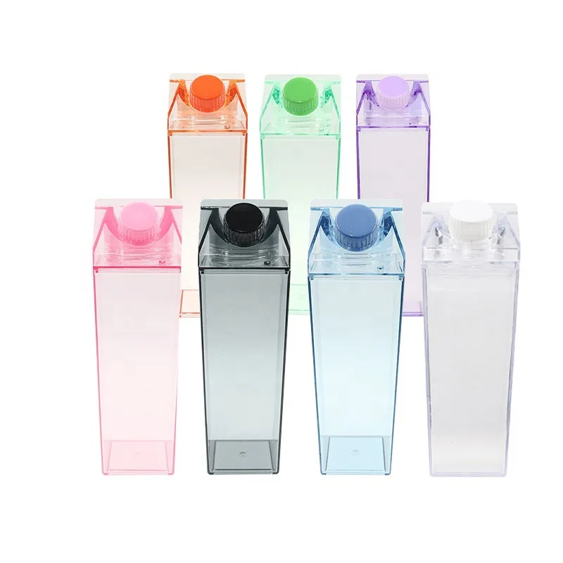 Double Wall Clear acrylic plastic 17oz 500ml 34oz 1000ml Milk Carton Shaped Leakproof Transparent Square water bottle with Screw