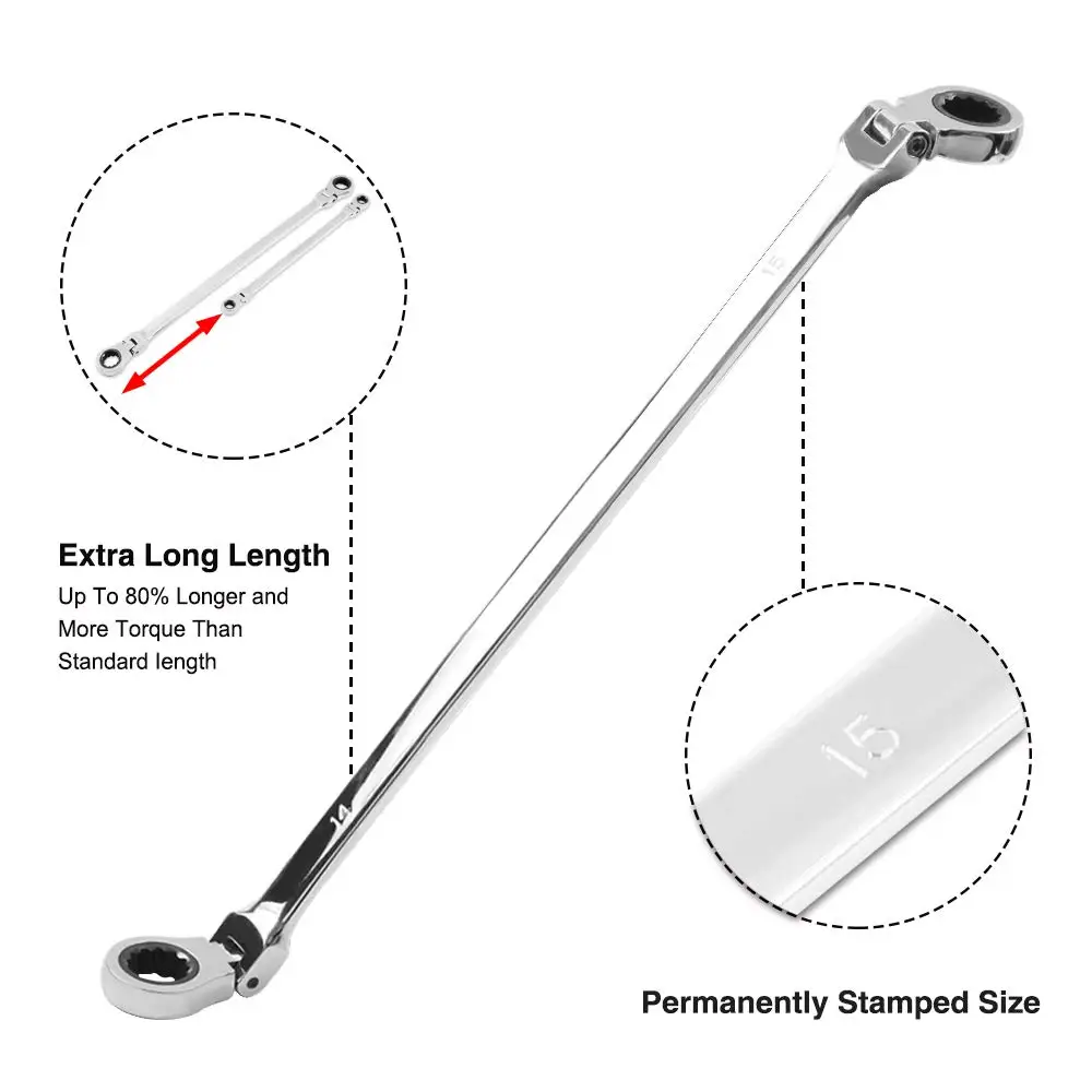 Chrome Vanadium Steel 6Pcs Extra Long Spanner 8-19mm Flexible Head Box End Ratcheting Spanners Double Sided Ring Wrench Set