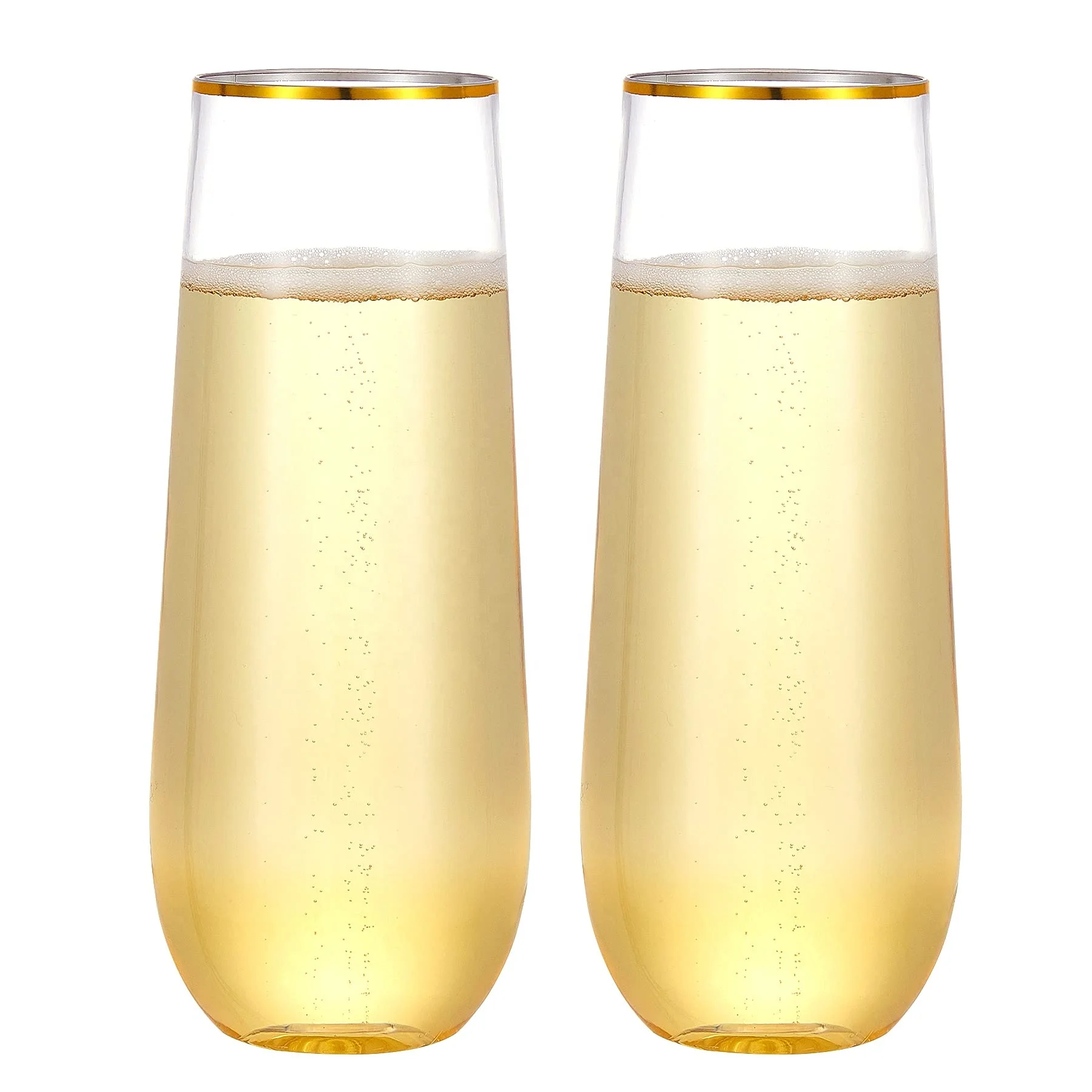 9 Oz Gold Rim Stemless Plastic Champagne Flutes Clear Unbreakable Toasting Wedding Wine Glassware Shatterproof Disposable Cup