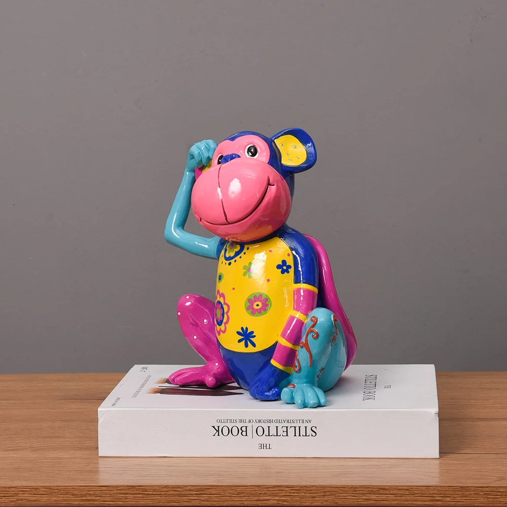 Unique Colorful Cute Floral Painted  Patterns  Animal Statues Resin Art Monkey Figurine