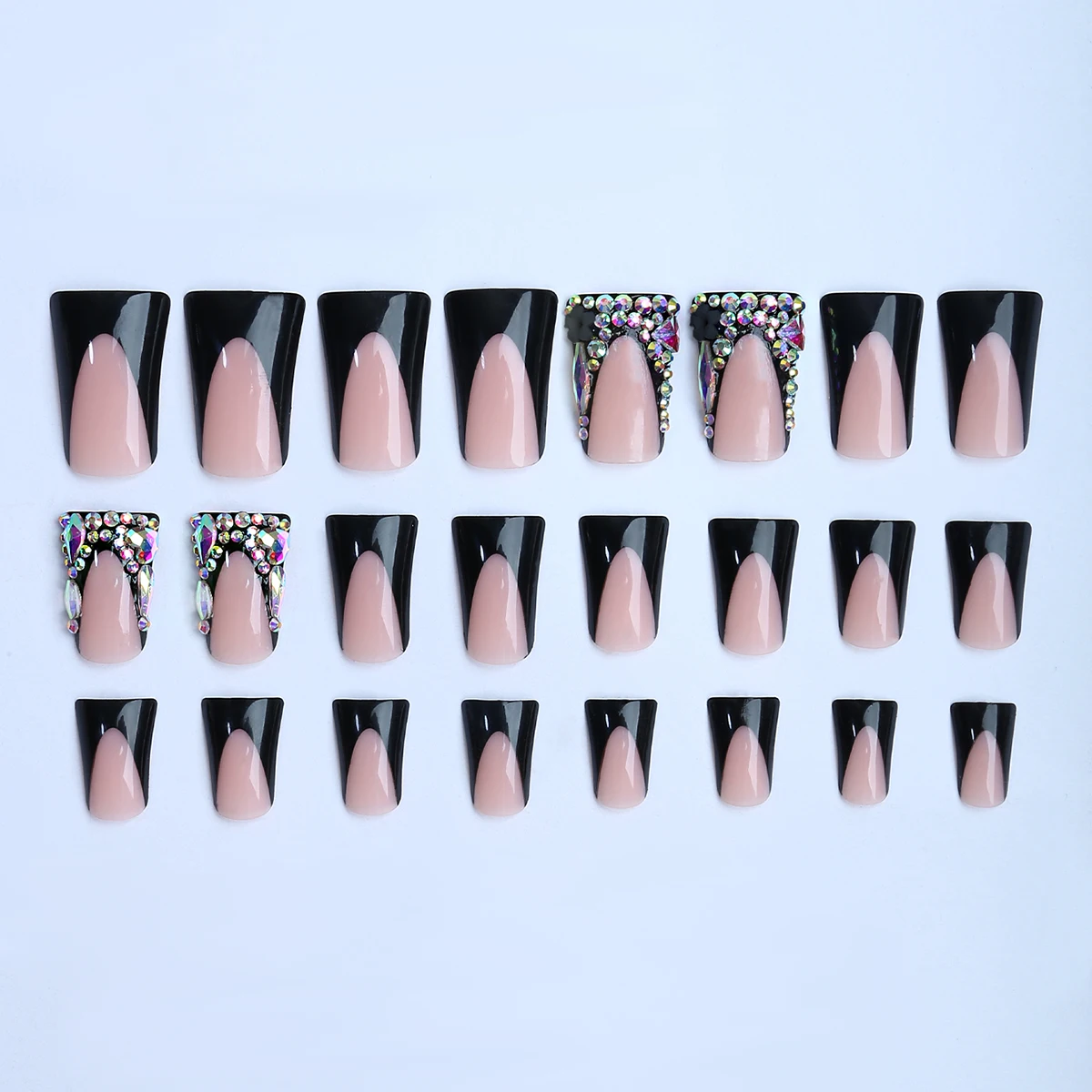 24 pieces XXL Duck Bill Nail Dark Knight Color Diamond Heart Stone black French border