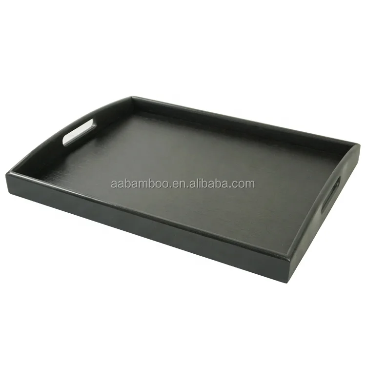 Bamboo wood rectangle black serving tray with handles