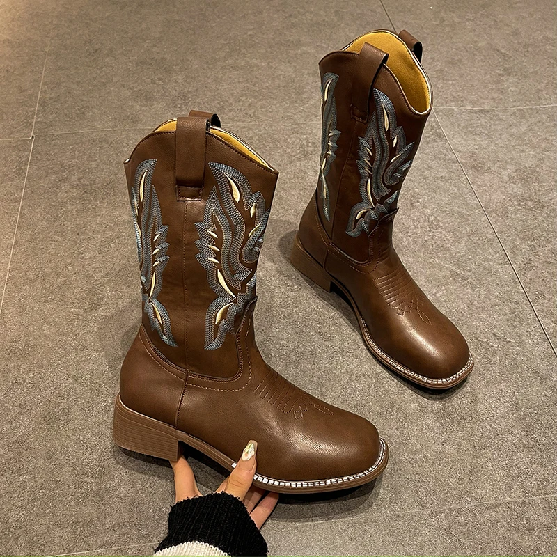 Vintage embroidered Doc Martens for women Summer brown heel boots Net Red Knight Ankle Boots for women Western Cowboy boots