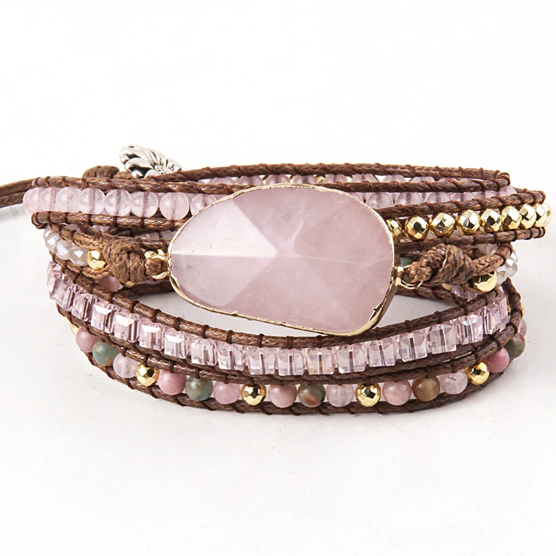 Fashion Women Gemstone Bracelet Handmade Blue Natural Stone Crystal Glass Pink quartz  5 Wrap Bracelets