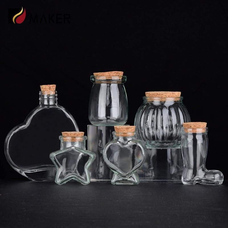 Wholesale Heart Star Shaped Glass Storage Wishing Jar Candy Favor Bottle With Cork Wooden Stopper For Decor Diy Gift Home Party