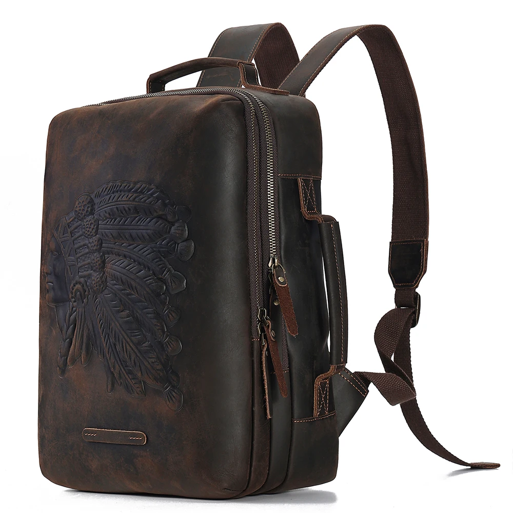 Men Casual Vintage Cow Bull Full Grain Genuine Crazy Horse Leather Travel Backpack Bag