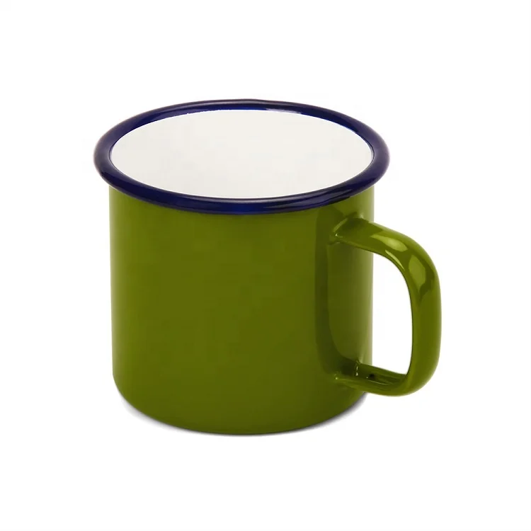 
DX Best Seller Custom Printed Coffee Cup Solid Green Color Enamel Mugs With Blue Rim 
