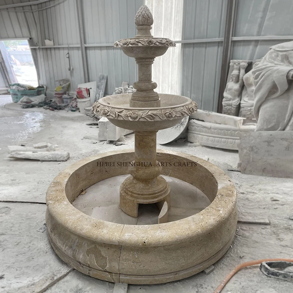 Outdoor Garden Hand Carved Beige Travertine Marble Lions Head Water Fountains For Sale