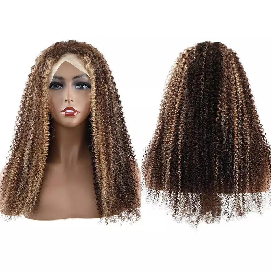 New fashion virgin Brazilian piano color human hair lace front wigs vendor, kinky curl transparent hd lace frontal wigs