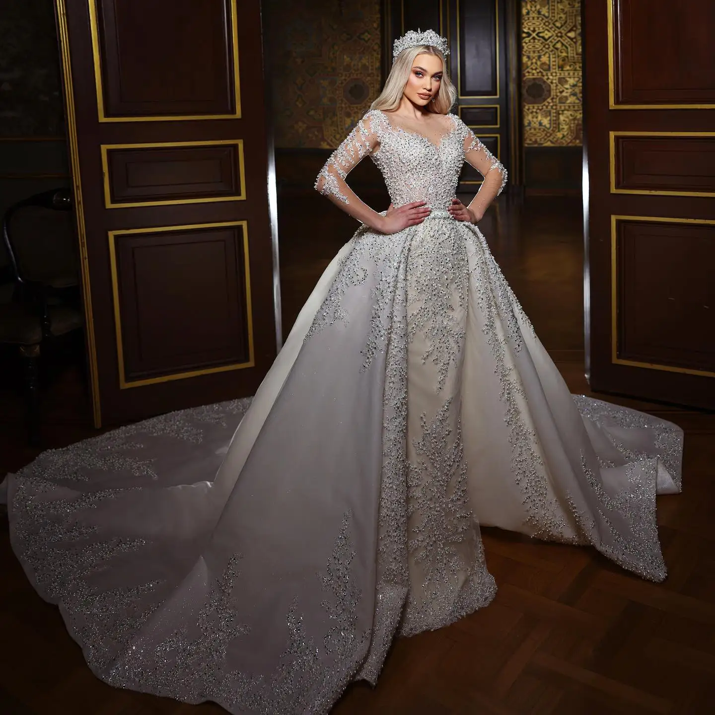 2024 Luxury Lace wedding dress Bridal  Dress detachable Tail African lace wedding dress bridal gown