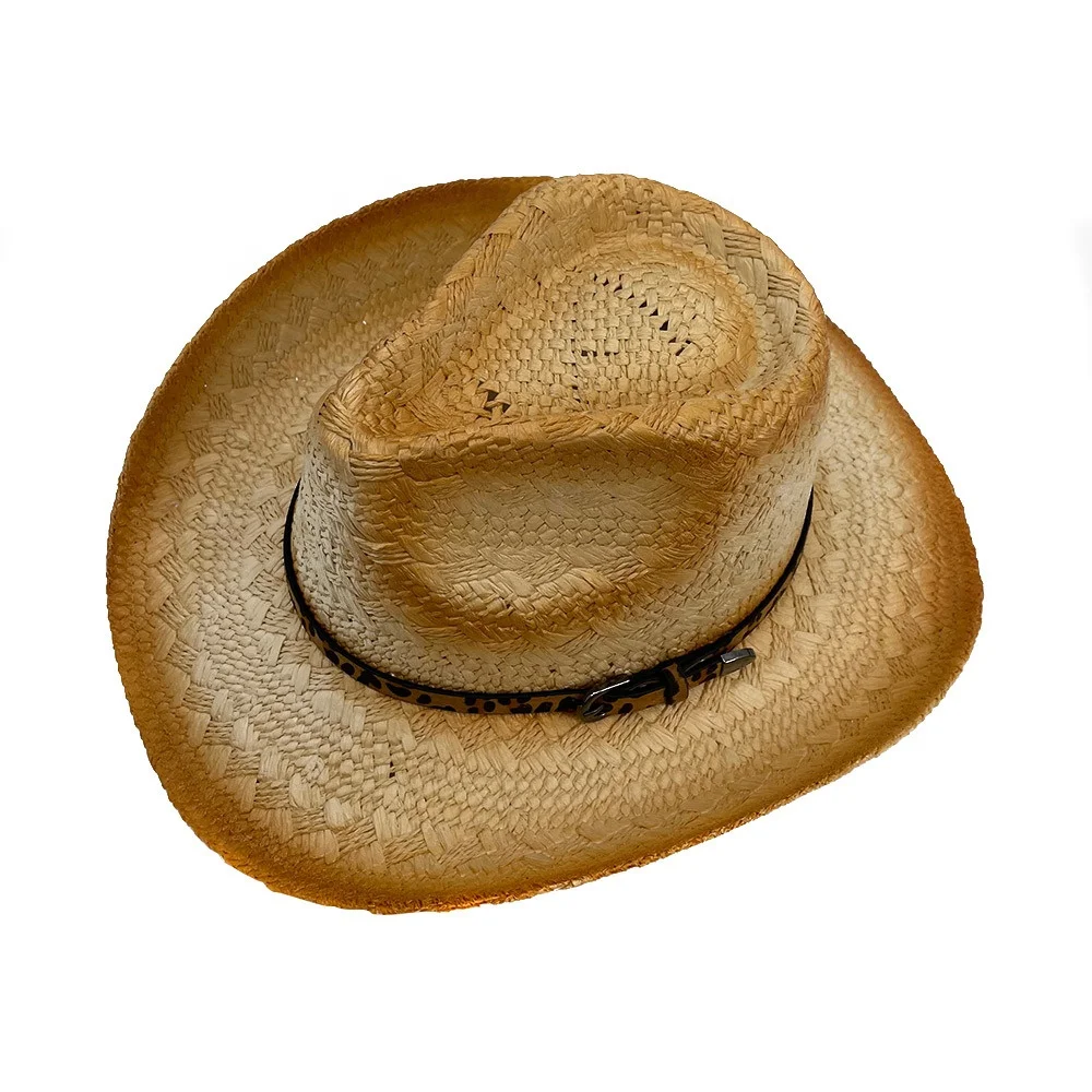 Hot Selling Men Women Pinch Front Raffia Natural Straw Embroidered Logo Cowboy Hats With Strap