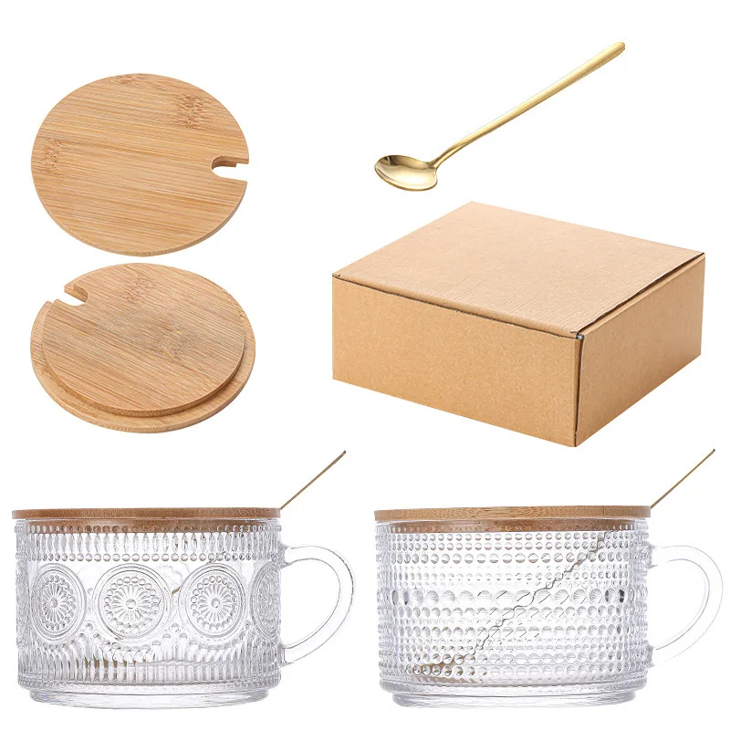 Recyclable Vintage Coffee Tea Cup Set Clear Embossed Glass Coffee Mug for Cappuccino Latte Yogurt