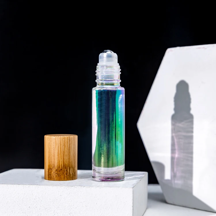 Custom holographic luxury roll on bottle 10 ml perfume  Essential Oil Glass Roller Bottle with bamboo lid