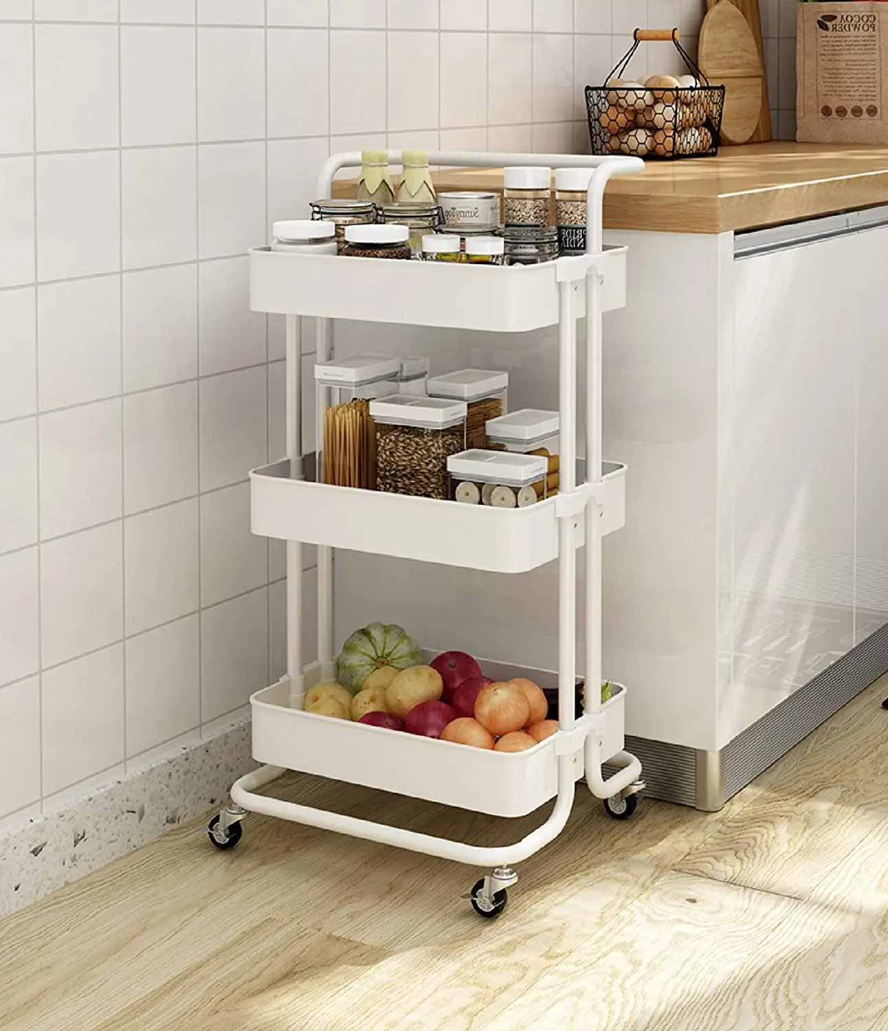 Three-Layers Household Storage Trolley Rolling Storage Cart with 360 Degrees Wheels 3-Tier Trolley with Handle